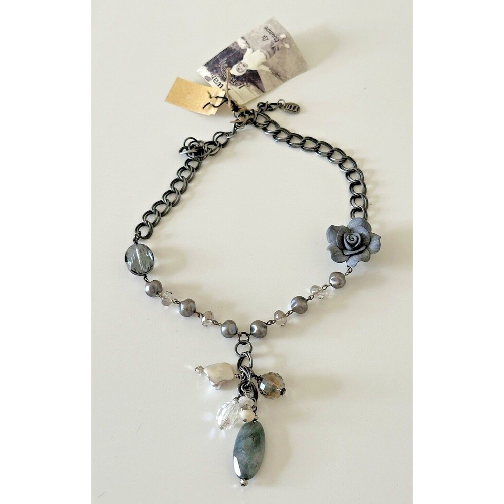 Lu Couture Necklace Grey Flower Drop Cluster Bead Silver Tone Tines Crystals Tag